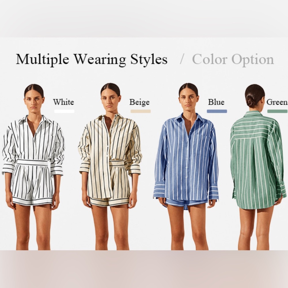 Striped Women's Sleepwear Set - White, Beige, Blue, Green